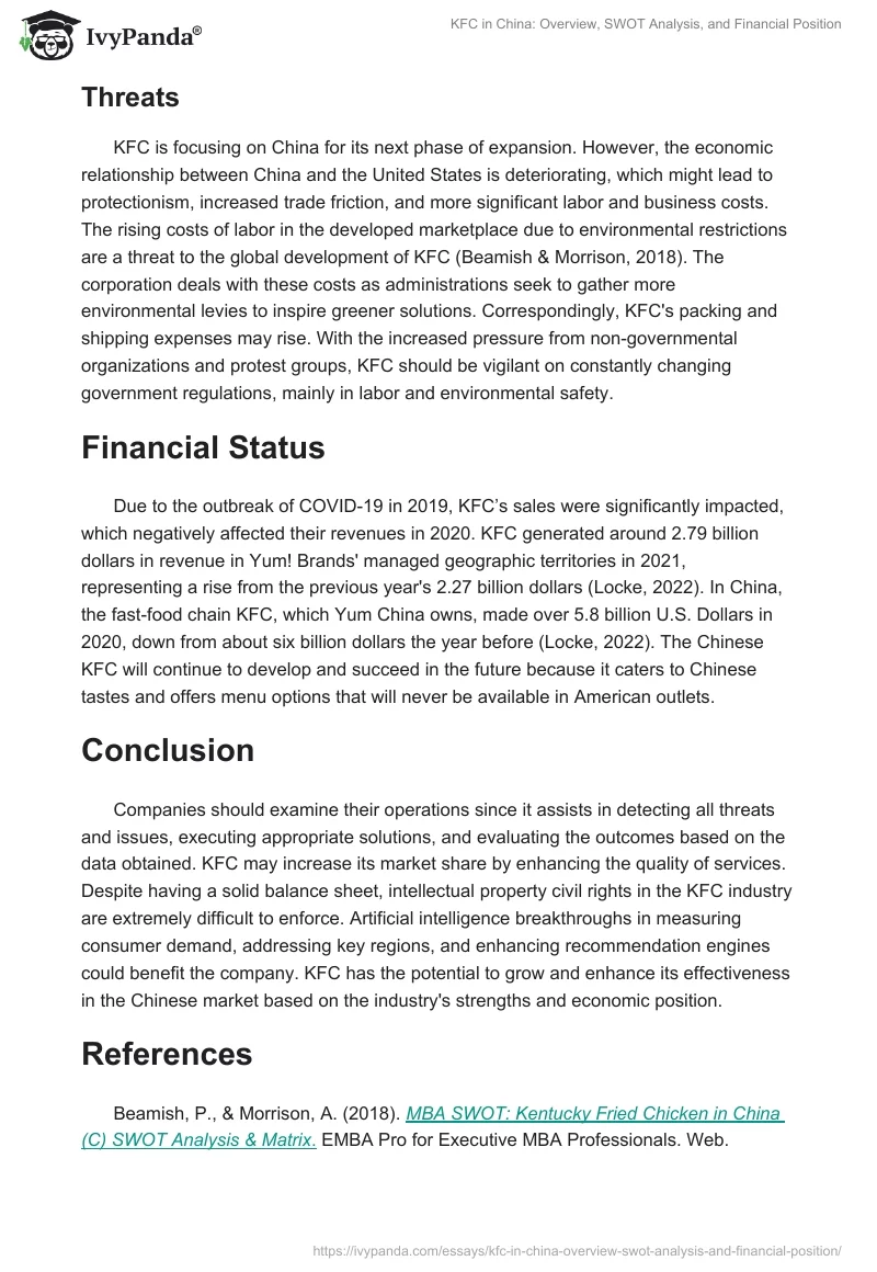 KFC in China: Overview, SWOT Analysis, and Financial Position. Page 4