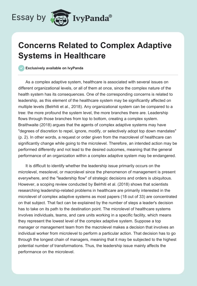 Concerns Related to Complex Adaptive Systems in Healthcare. Page 1