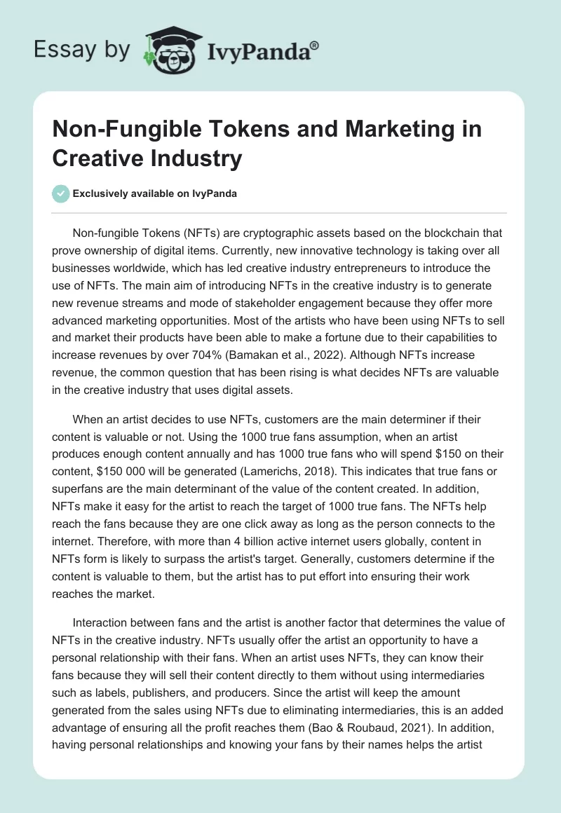 Non-Fungible Tokens and Marketing in Creative Industry. Page 1