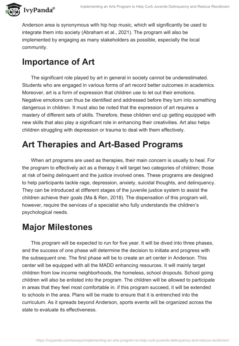 Implementing an Arts Program to Help Curb Juvenile Delinquency and Reduce Recidivism. Page 2
