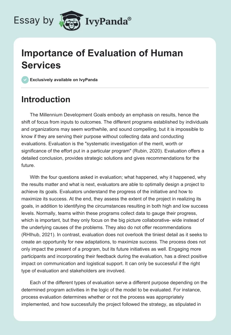 Importance of Evaluation of Human Services. Page 1
