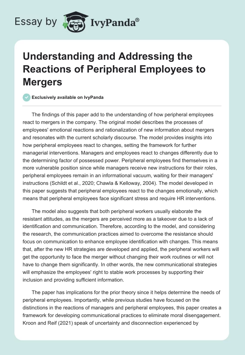 Understanding and Addressing the Reactions of Peripheral Employees to Mergers. Page 1