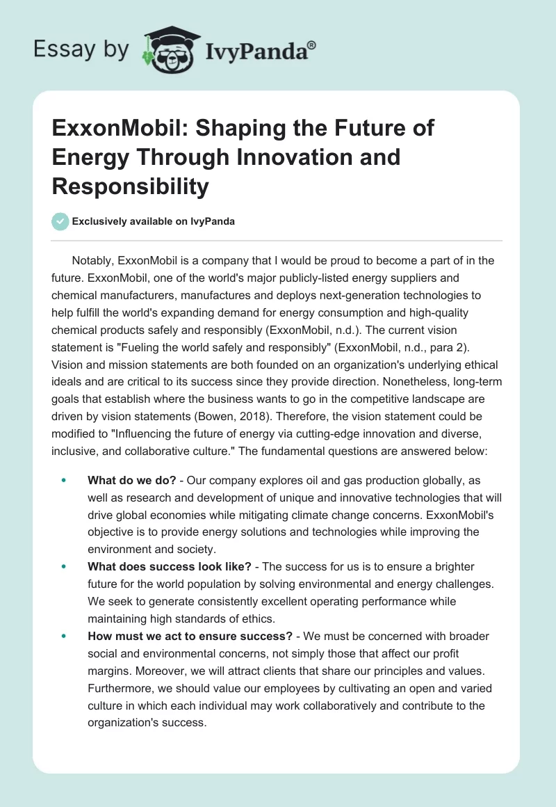 ExxonMobil: Shaping the Future of Energy Through Innovation and Responsibility. Page 1