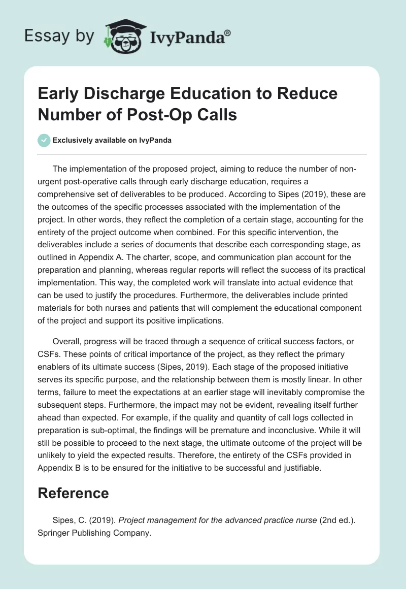 Early Discharge Education to Reduce Number of Post-Op Calls. Page 1