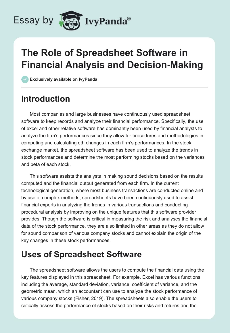 The Role of Spreadsheet Software in Financial Analysis and Decision-Making. Page 1