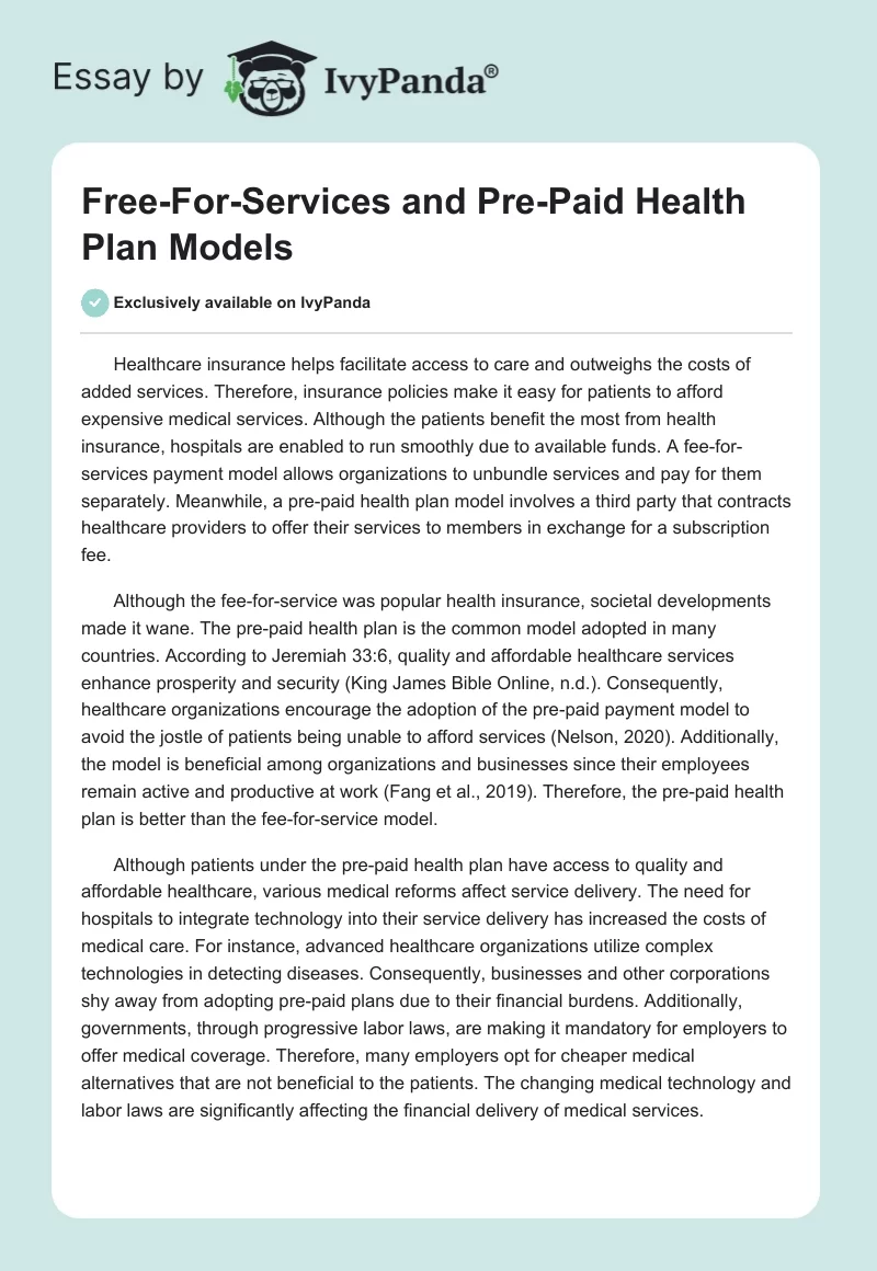 Free-For-Services and Pre-Paid Health Plan Models. Page 1