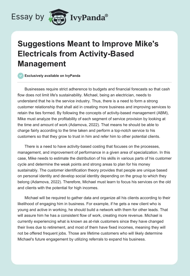 Suggestions Meant to Improve Mike's Electricals from Activity-Based Management. Page 1