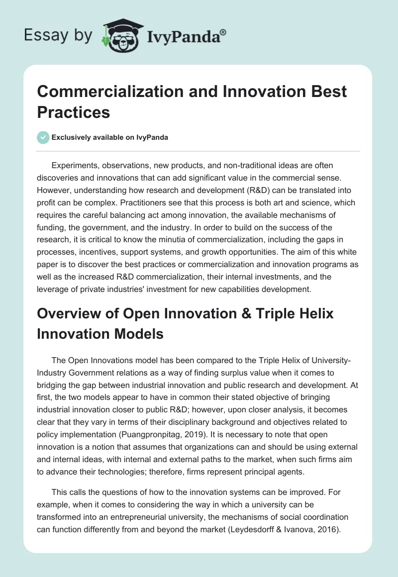 Commercialization and Innovation Best Practices. Page 1