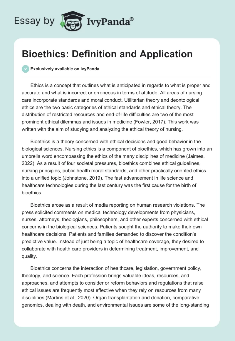 Bioethics: Definition and Application. Page 1
