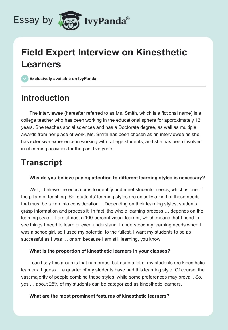 Field Expert Interview on Kinesthetic Learners. Page 1