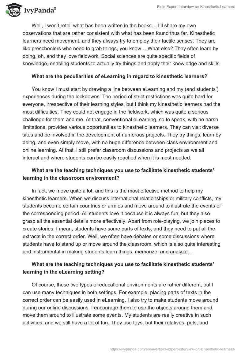 Field Expert Interview on Kinesthetic Learners. Page 2