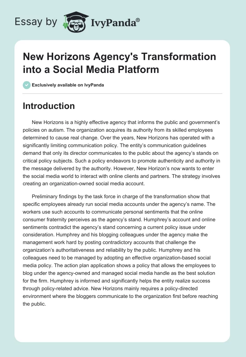 New Horizons Agency's Transformation into a Social Media Platform. Page 1