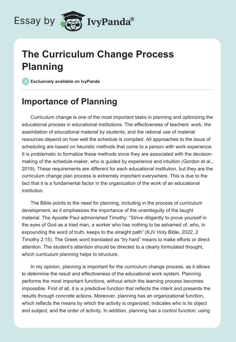 The Curriculum Change Process Planning. Page 1