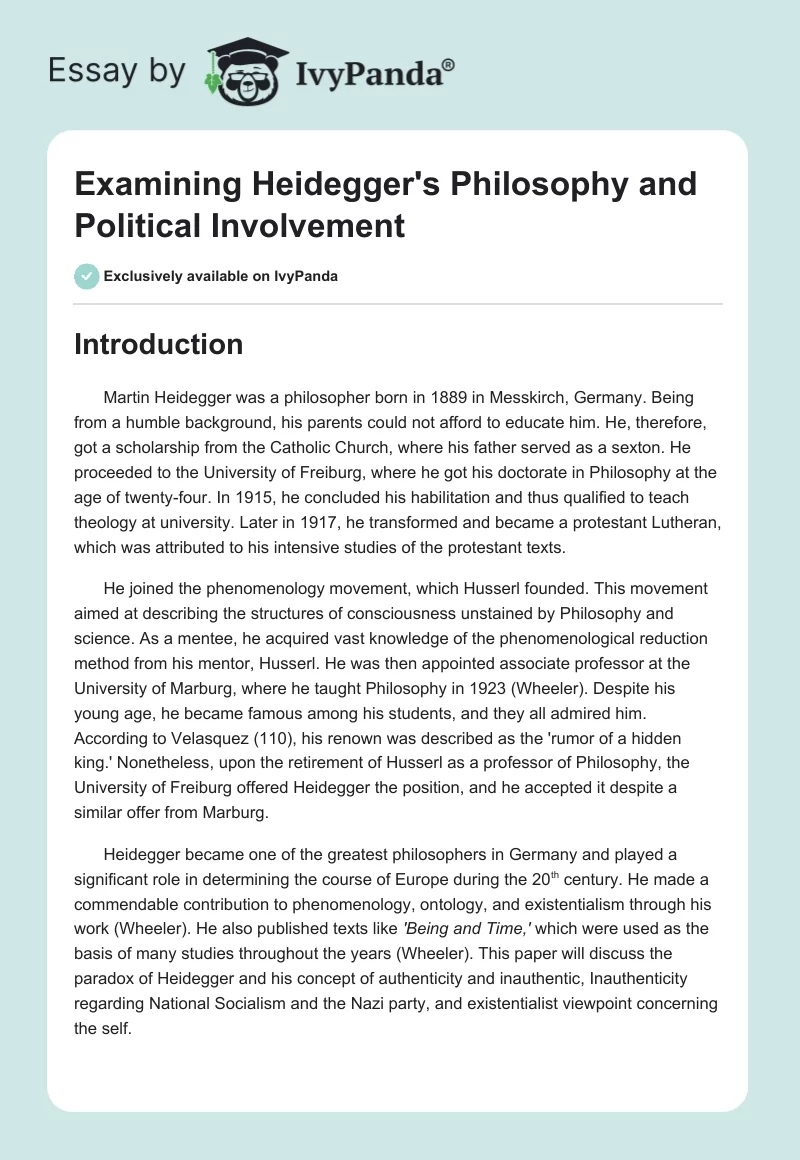 Examining Heidegger's Philosophy and Political Involvement. Page 1