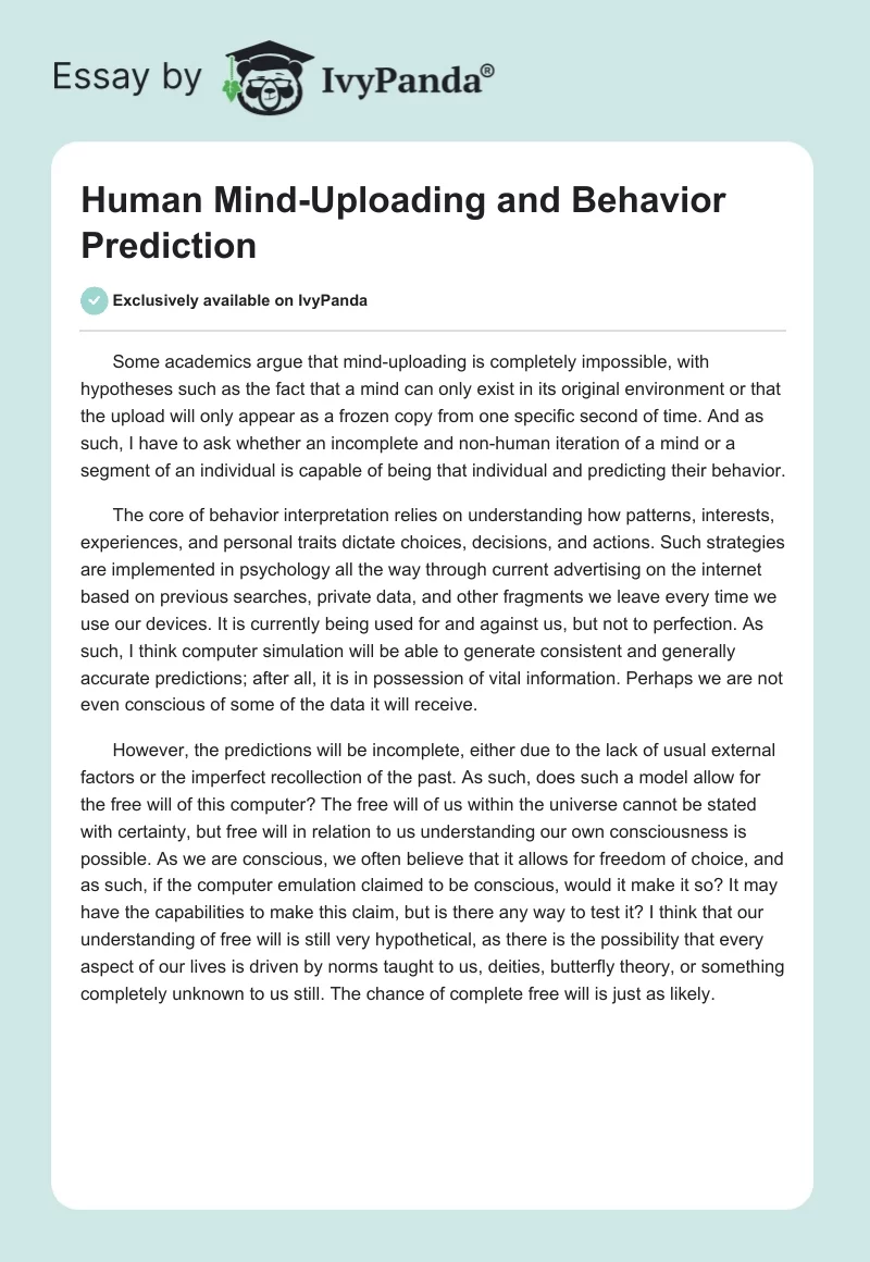 Human Mind-Uploading and Behavior Prediction. Page 1