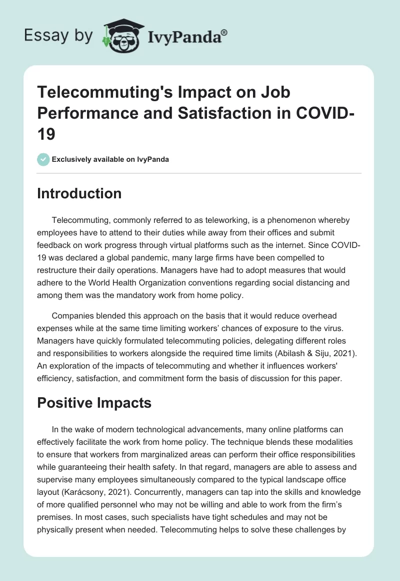 Telecommuting's Impact on Job Performance and Satisfaction in COVID-19. Page 1