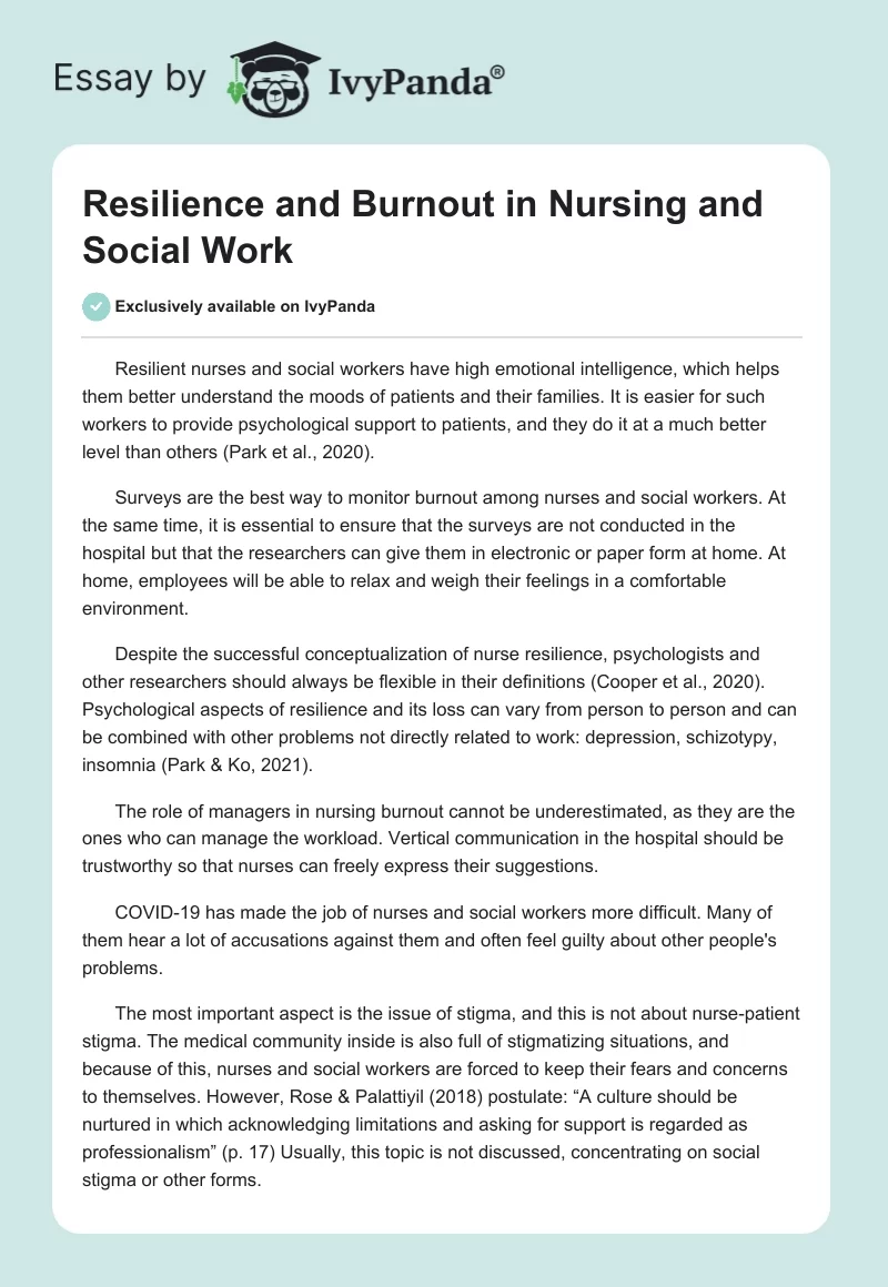 Resilience and Burnout in Nursing and Social Work. Page 1