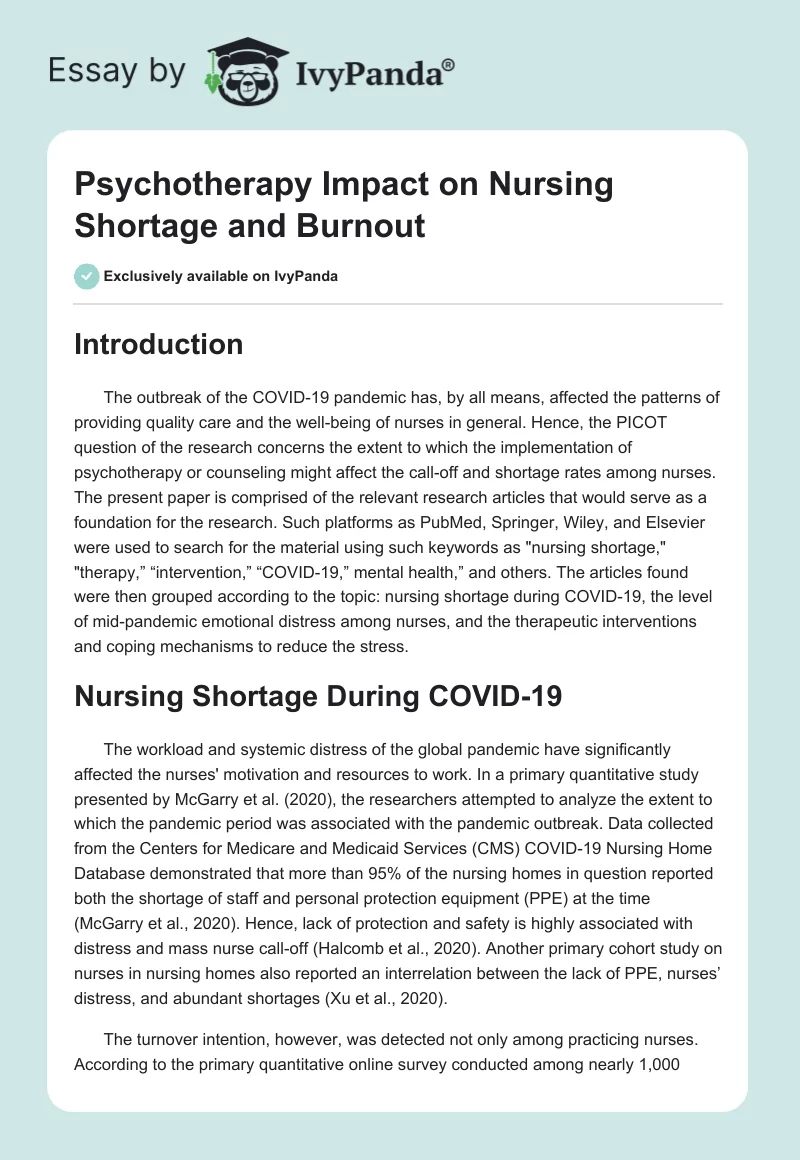 Psychotherapy Impact on Nursing Shortage and Burnout. Page 1