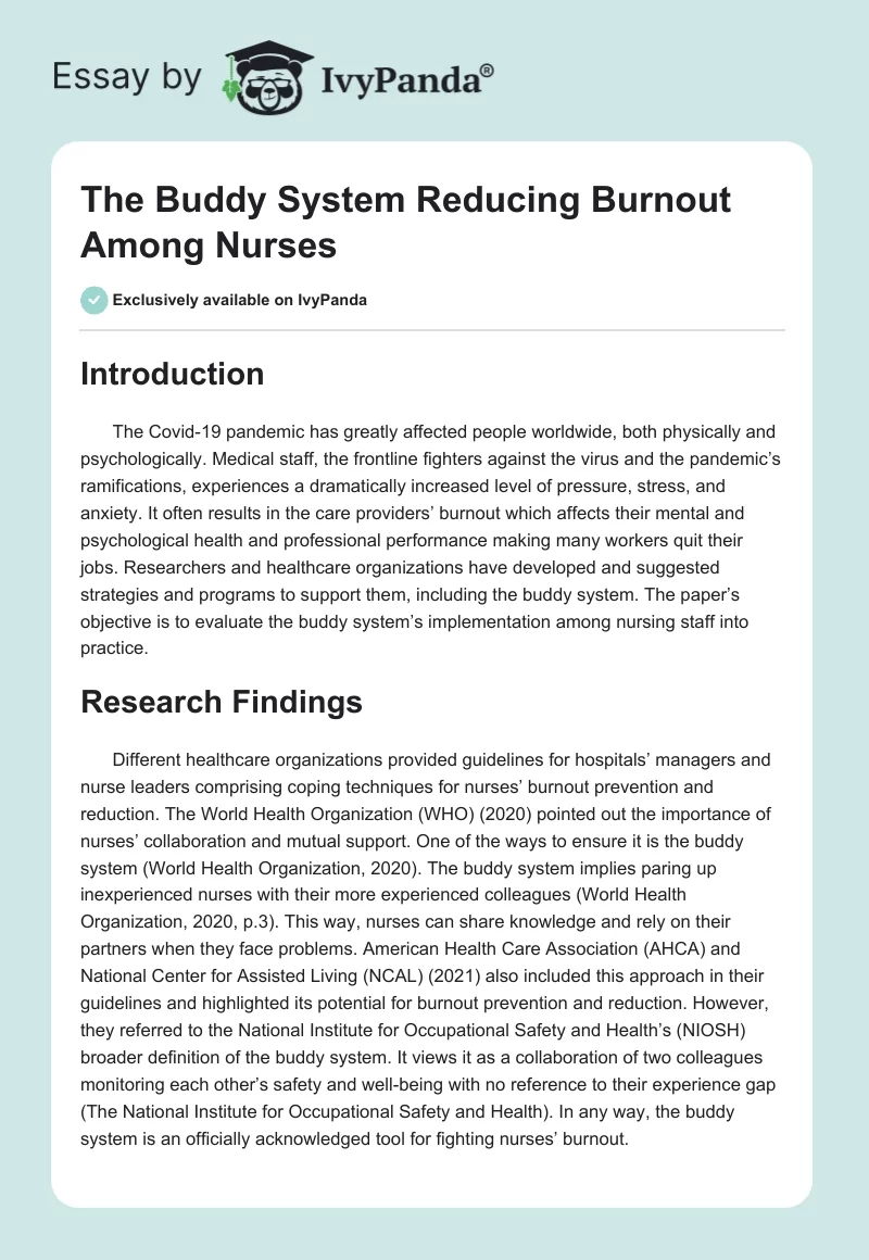 The Buddy System Reducing Burnout Among Nurses. Page 1
