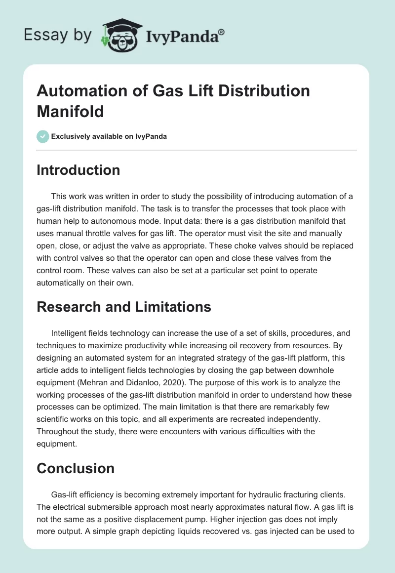 Automation of Gas Lift Distribution Manifold. Page 1