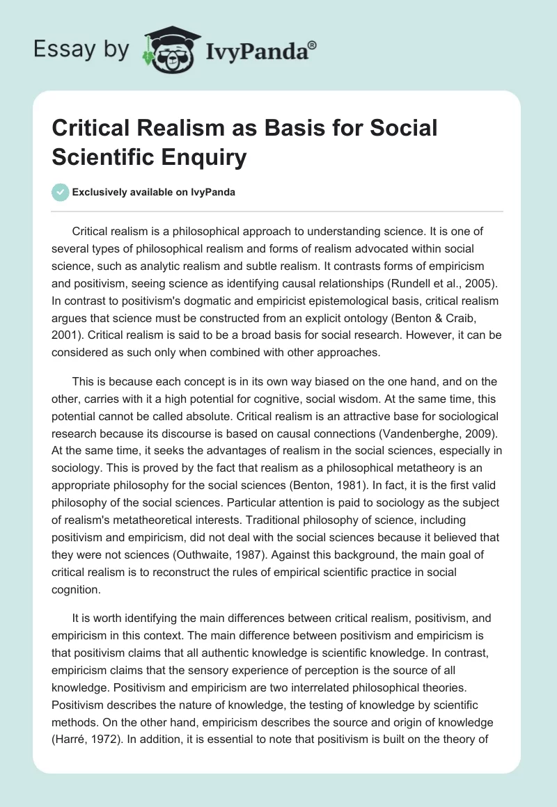 Critical Realism as Basis for Social Scientific Enquiry. Page 1