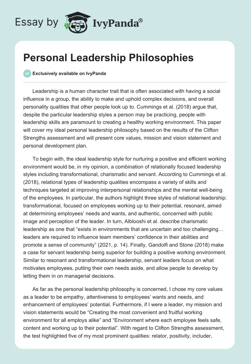Personal Leadership Philosophies. Page 1