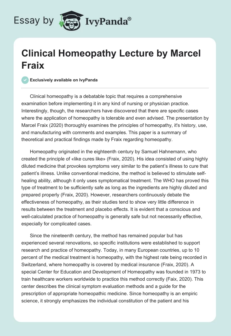 Clinical Homeopathy Lecture by Marcel Fraix. Page 1