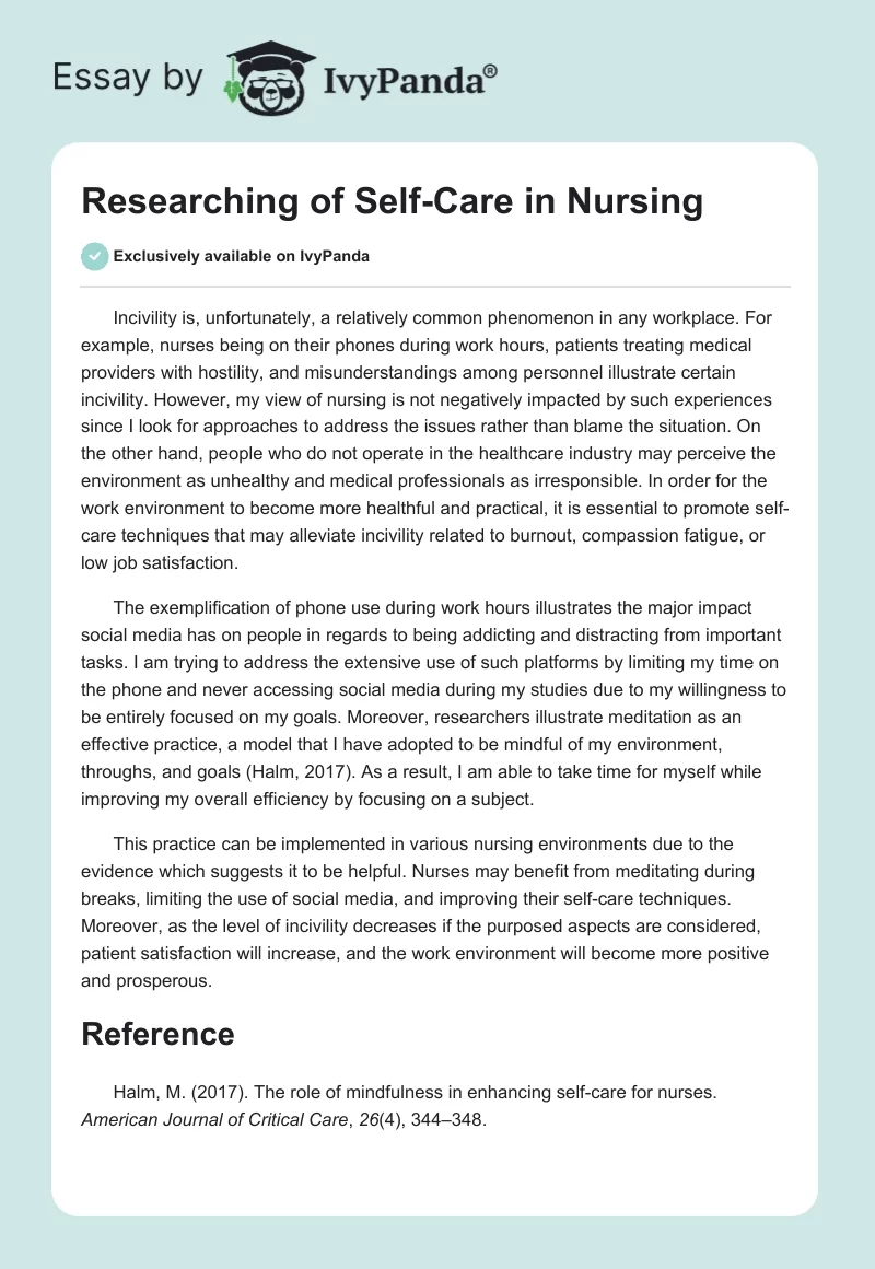 Researching of Self-Care in Nursing. Page 1