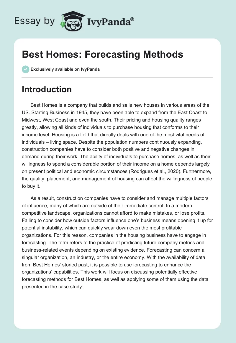 Best Homes: Forecasting Methods. Page 1