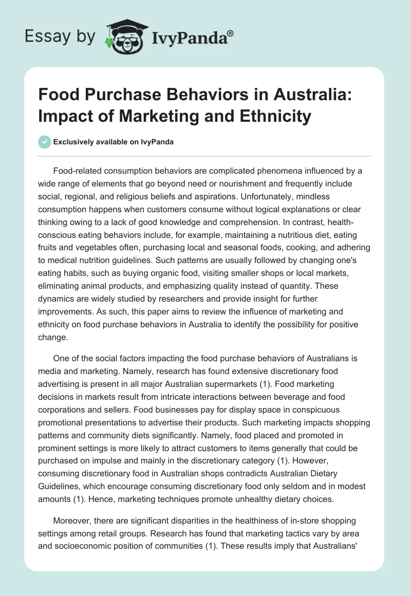 Food Purchase Behaviors in Australia: Impact of Marketing and Ethnicity. Page 1