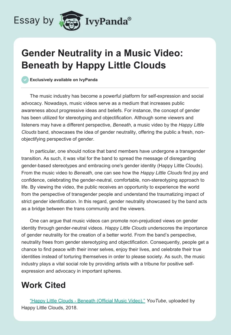 Gender Neutrality in a Music Video: "Beneath" by Happy Little Clouds. Page 1