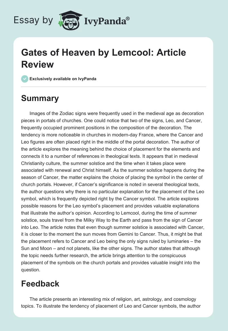 "Gates of Heaven" by Lemcool: Article Review. Page 1
