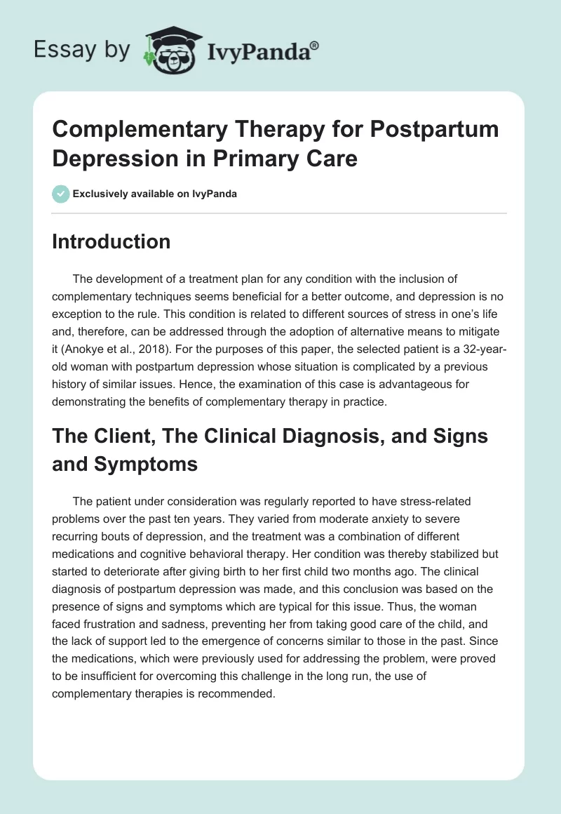 Complementary Therapy for Postpartum Depression in Primary Care. Page 1