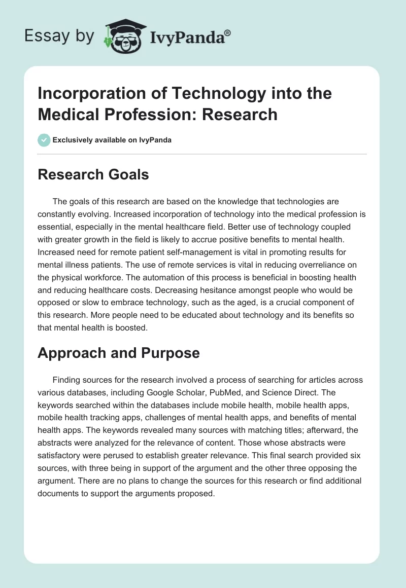 Incorporation of Technology into the Medical Profession: Research. Page 1