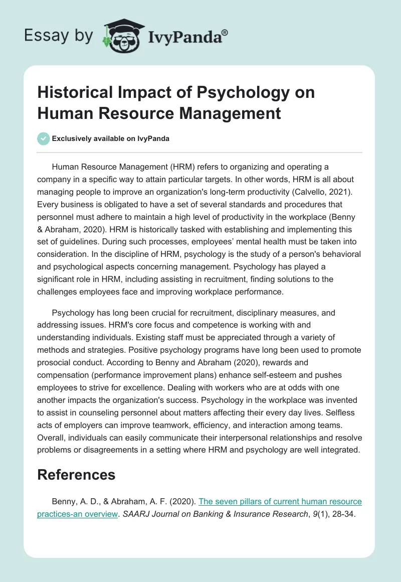 Historical Impact of Psychology on Human Resource Management. Page 1