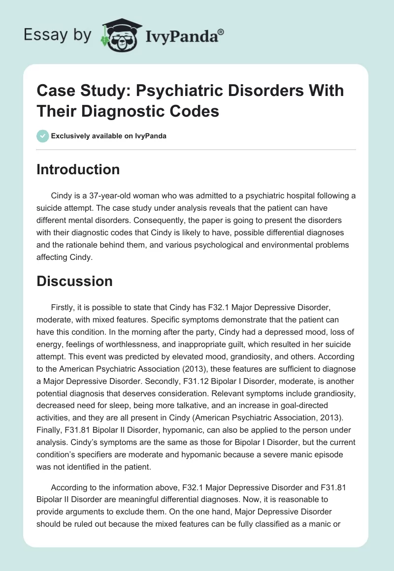 Case Study: Psychiatric Disorders With Their Diagnostic Codes. Page 1