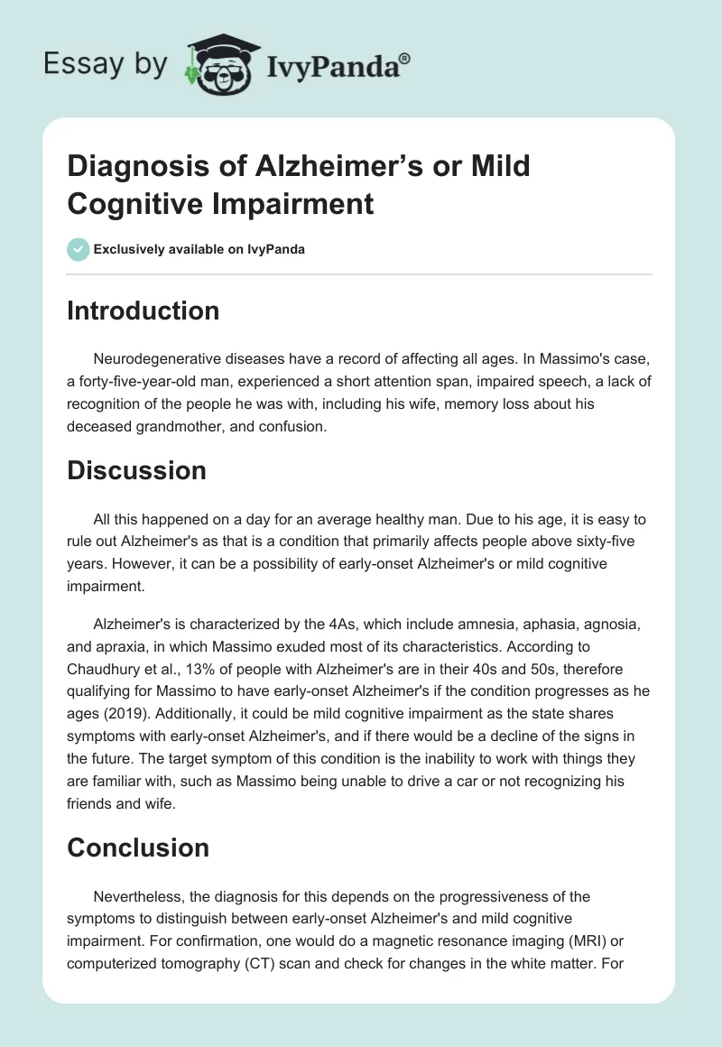Diagnosis of Alzheimer’s or Mild Cognitive Impairment. Page 1