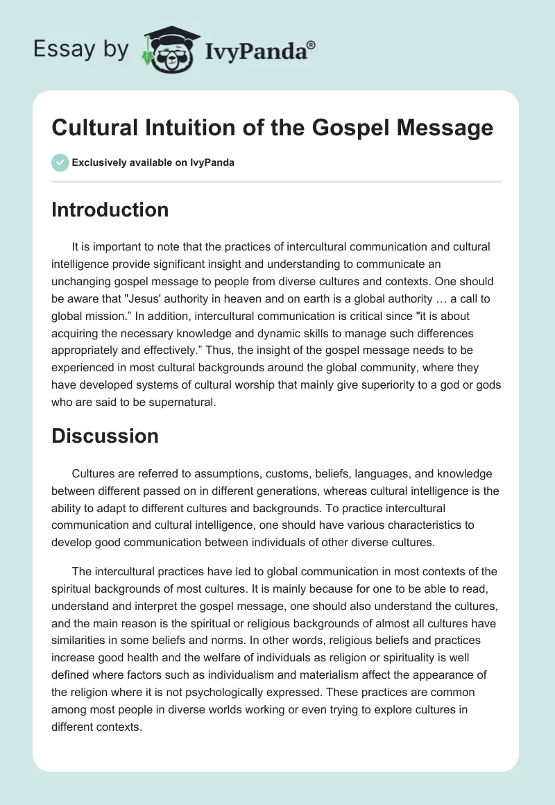 Cultural Intuition of the Gospel Message. Page 1