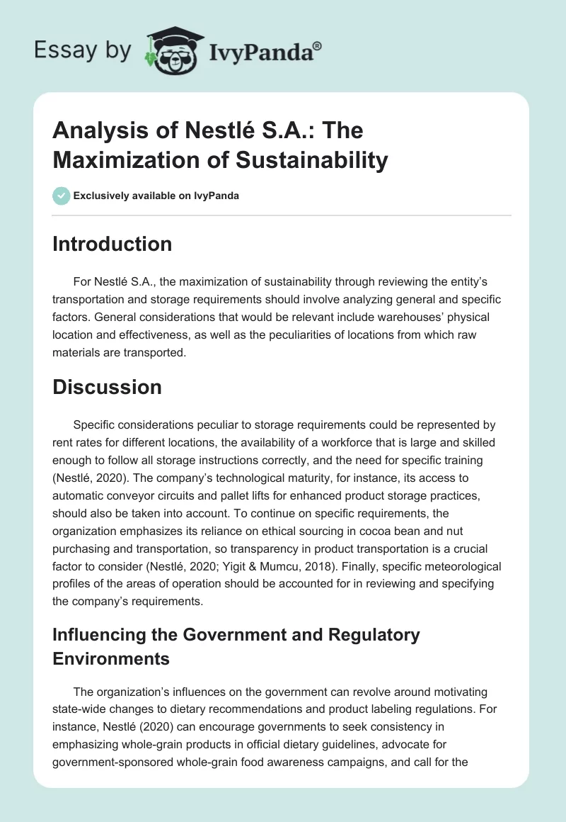 Analysis of Nestlé S.A.: The Maximization of Sustainability. Page 1