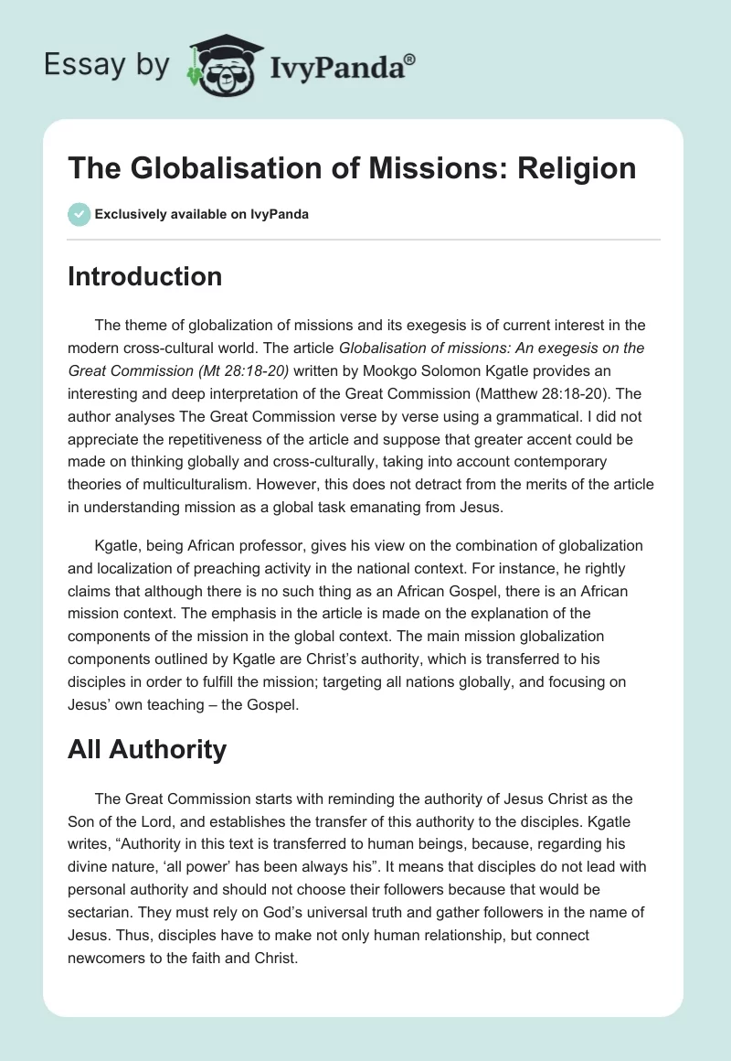 The Globalisation of Missions: Religion. Page 1