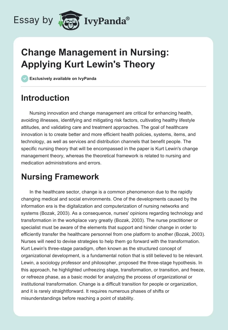 Change Management in Nursing: Applying Kurt Lewin's Theory. Page 1