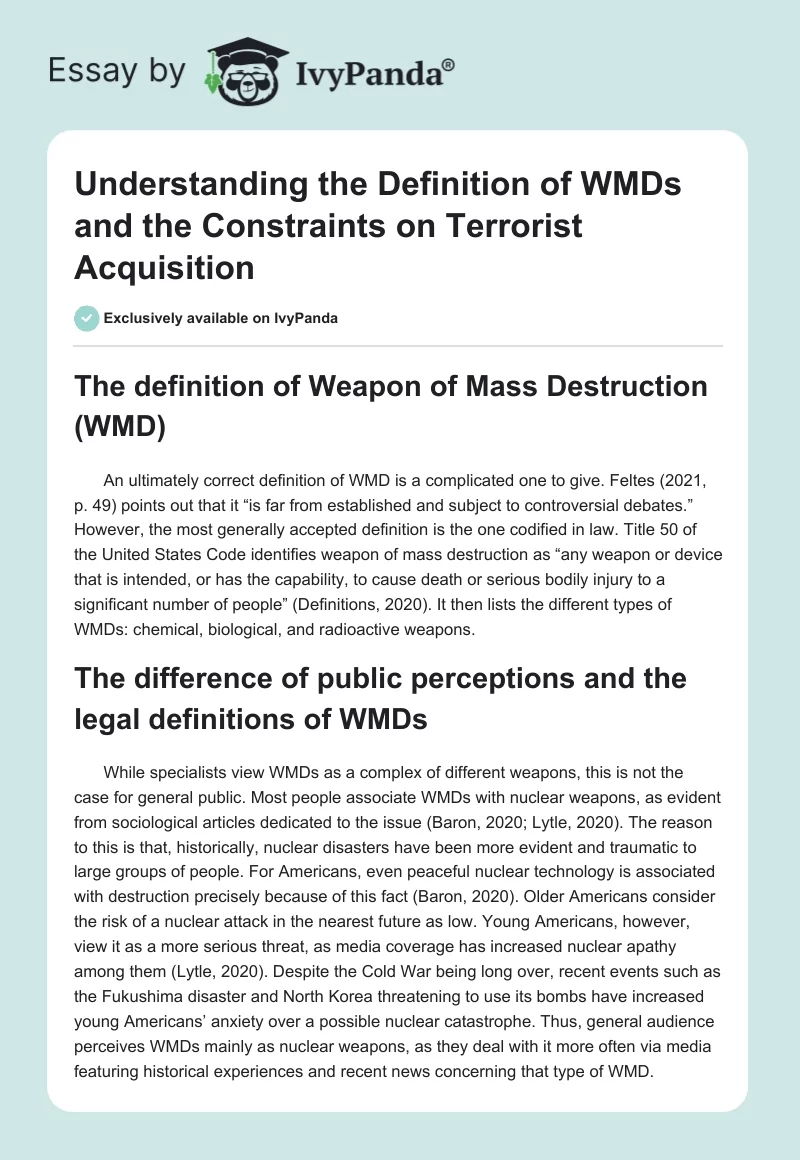 Understanding the Definition of WMDs and the Constraints on Terrorist Acquisition. Page 1