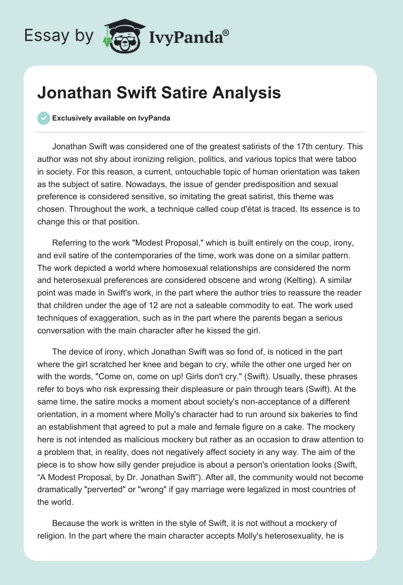 Jonathan Swift Satire Analysis. Page 1
