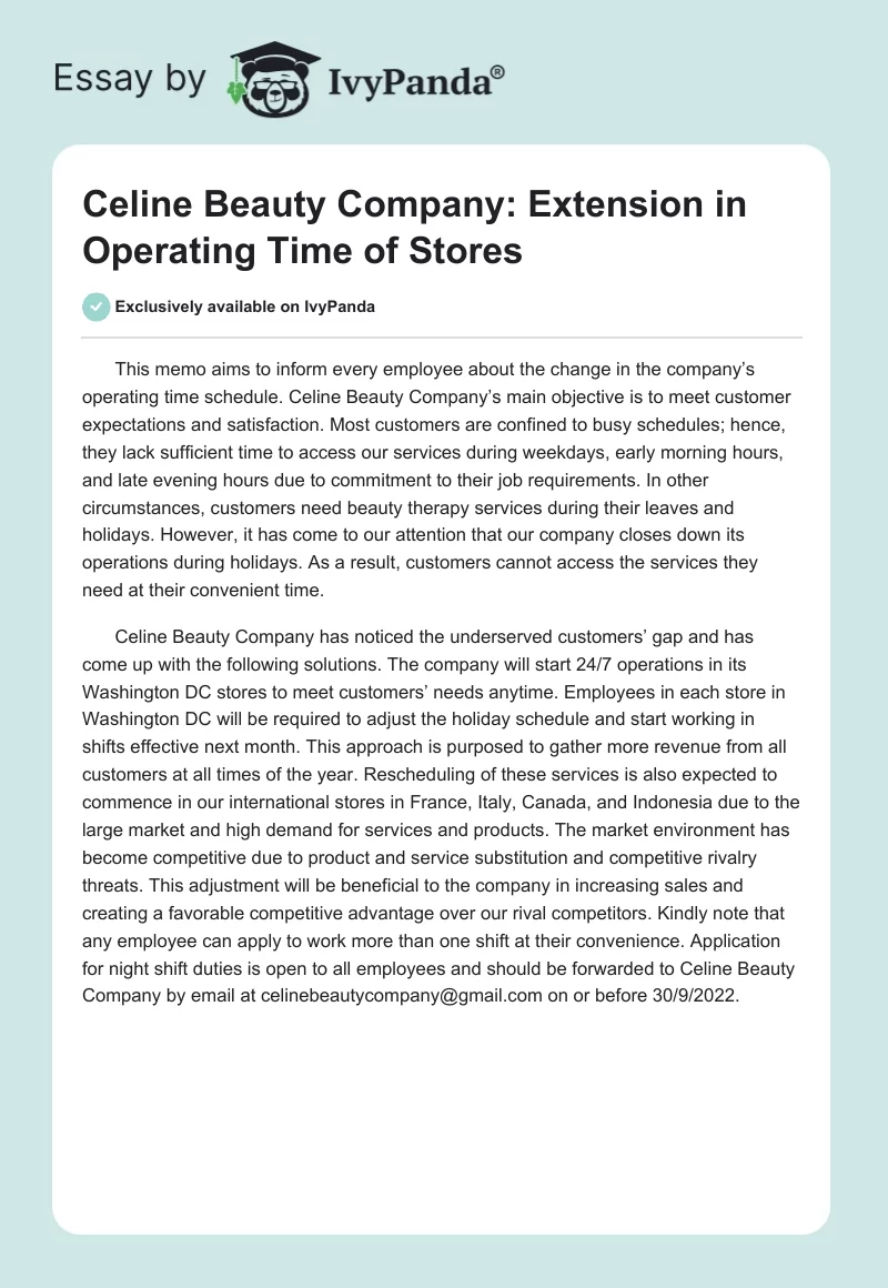 Celine Beauty Company: Extension in Operating Time of Stores. Page 1