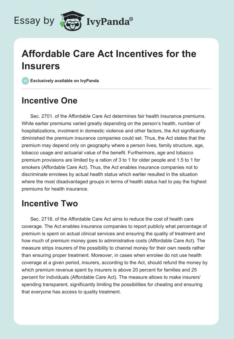 Affordable Care Act Incentives for the Insurers. Page 1