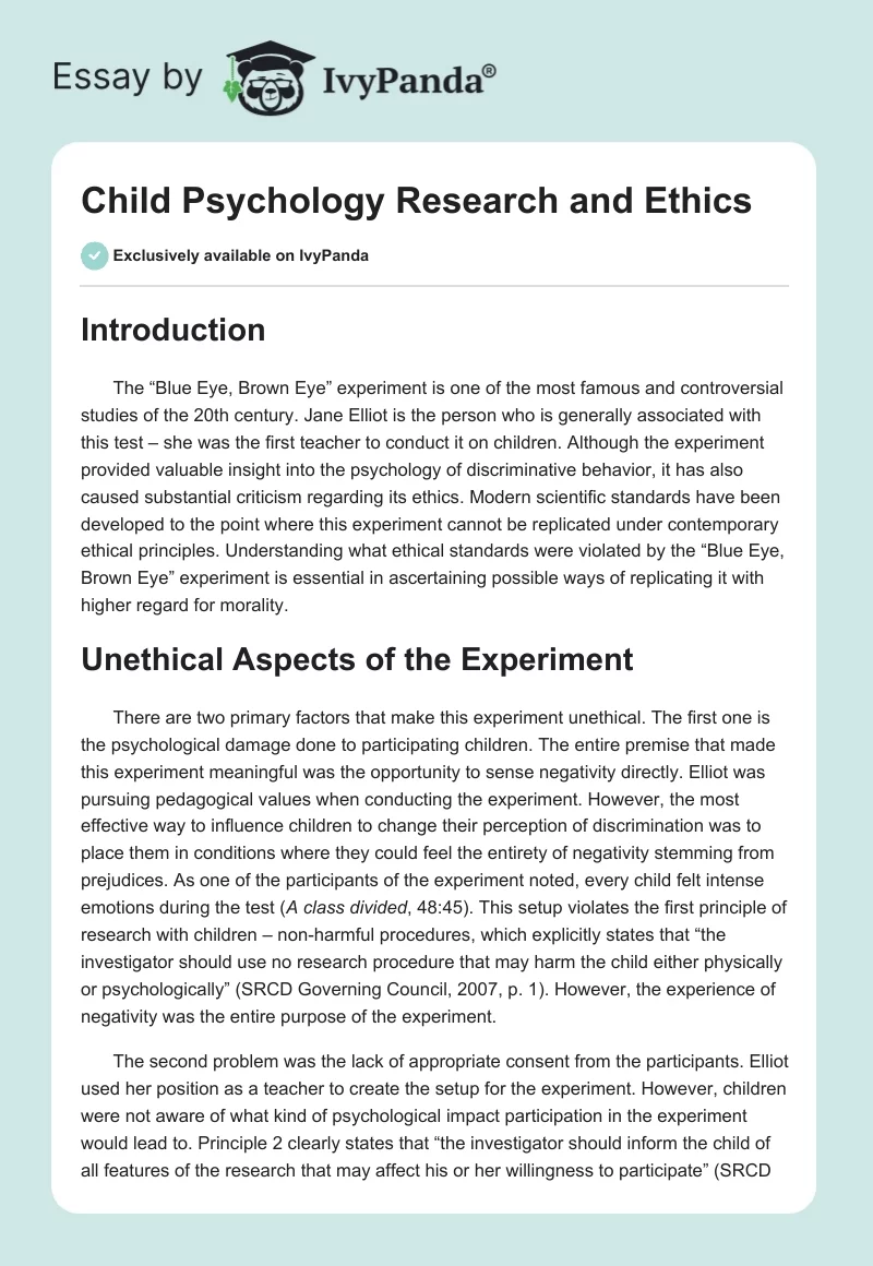 Child Psychology Research and Ethics. Page 1