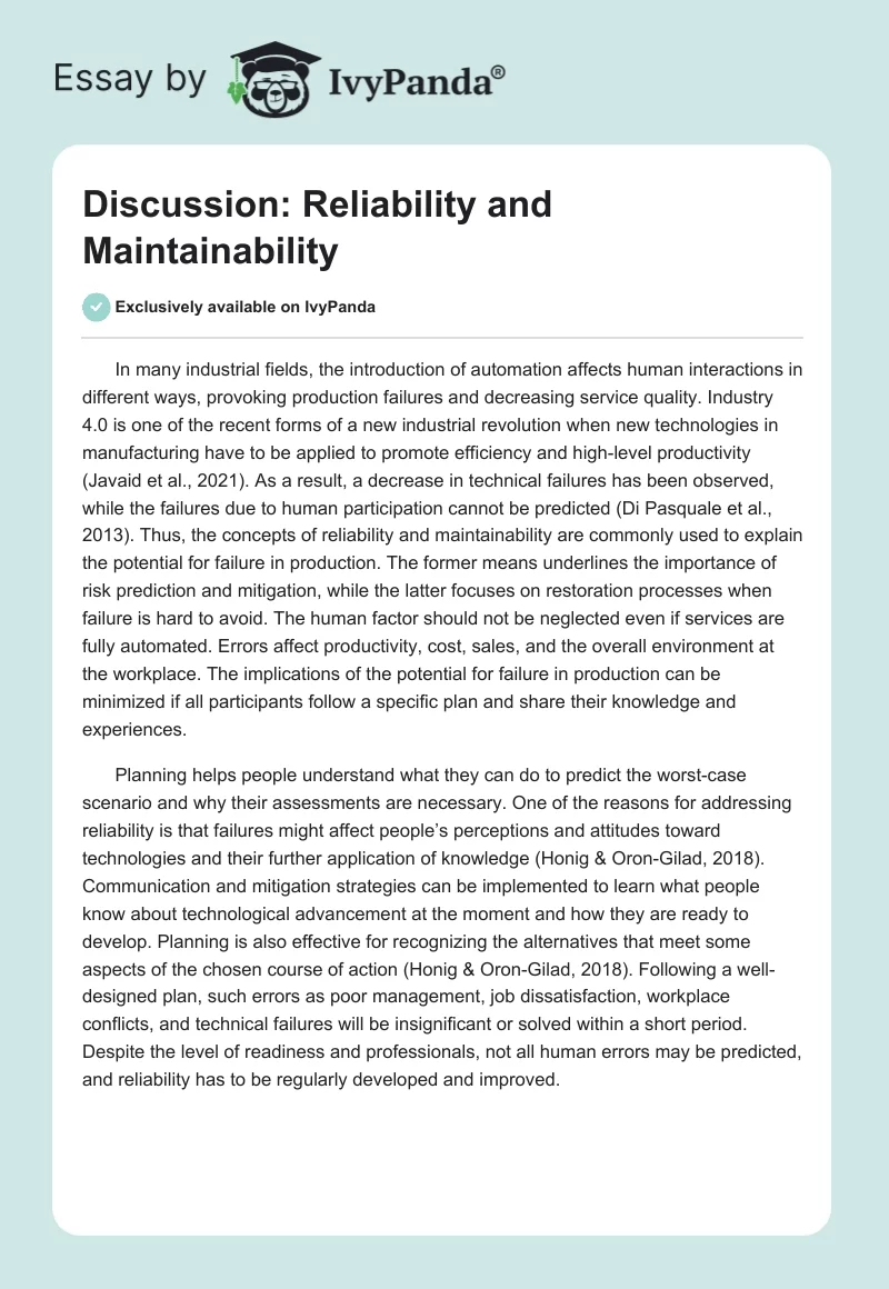 Discussion: Reliability and Maintainability. Page 1