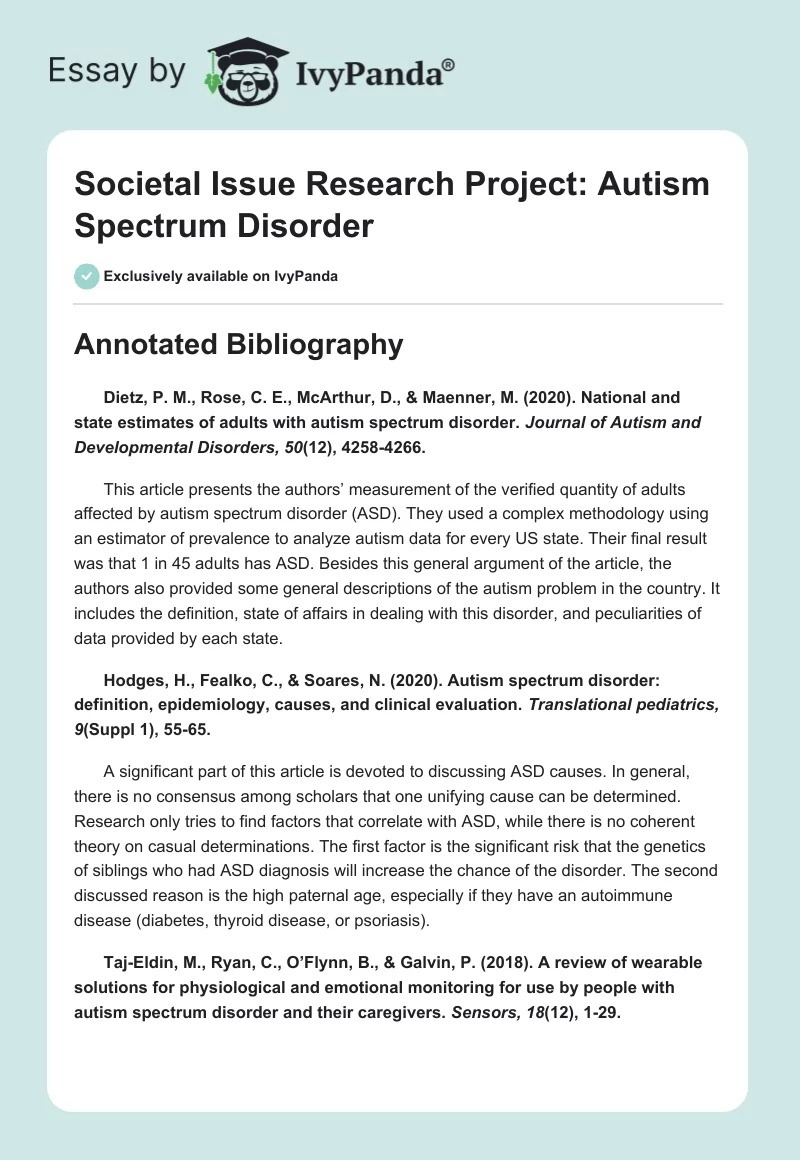 Societal Issue Research Project: Autism Spectrum Disorder. Page 1