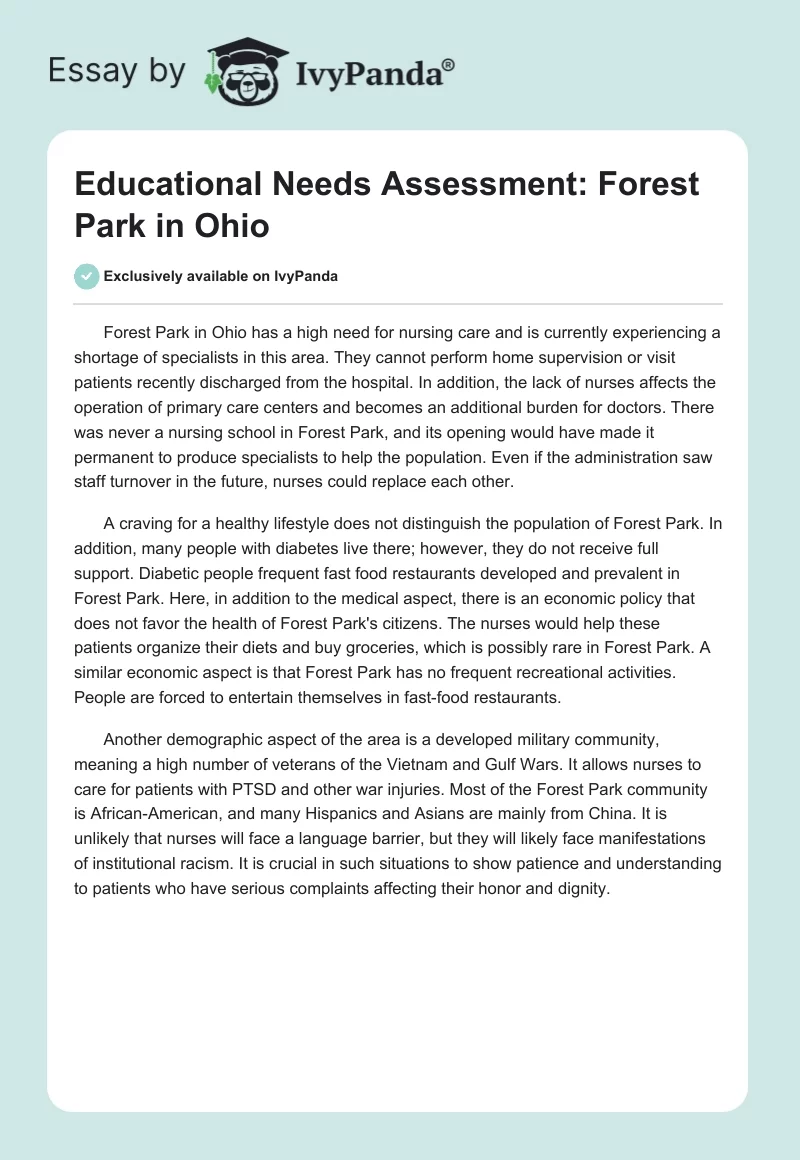Educational Needs Assessment: Forest Park in Ohio. Page 1