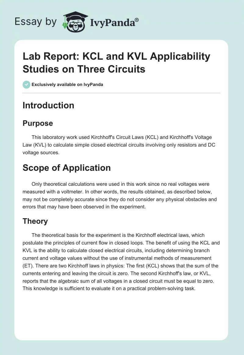 Lab Report: KCL and KVL Applicability Studies on Three Circuits. Page 1